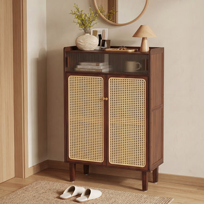 5-Tier Bamboo Shoe Cabinet with Woven Rattan Sliding Doors