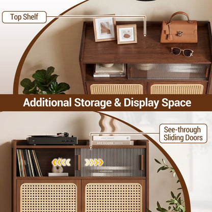 5-Tier Bamboo Shoe Cabinet with Woven Rattan Sliding Doors