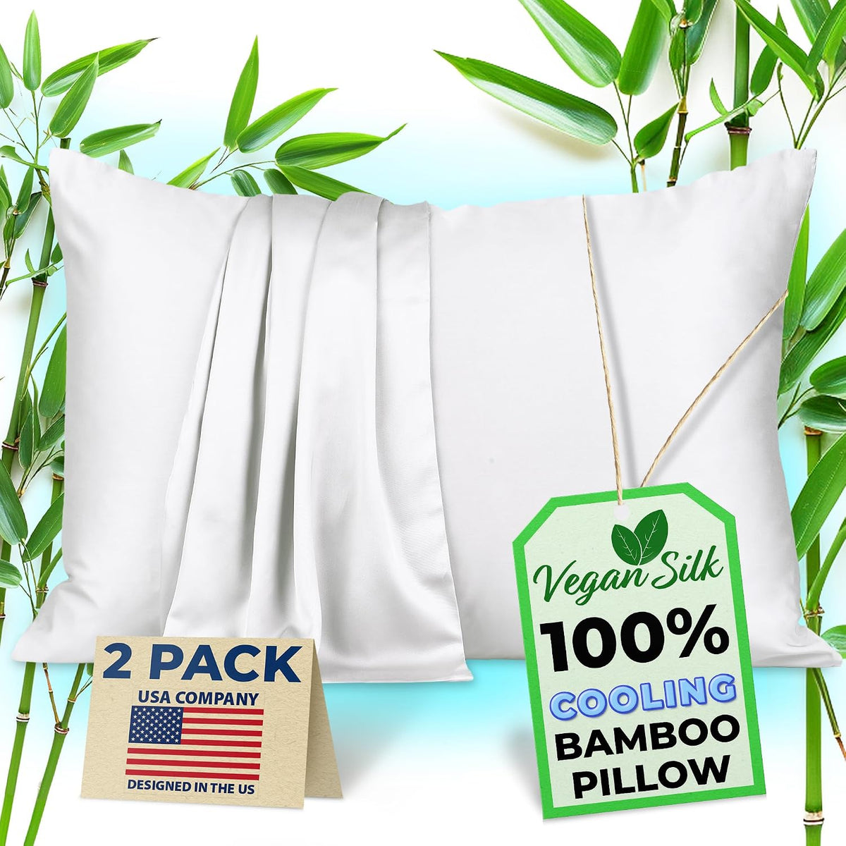 Bamboo Pillowcase, Cooling Pillow Cases, Queen Size, White, Set of 2