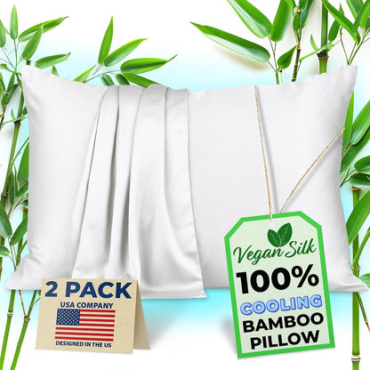 Bamboo Pillowcase, Cooling Pillow Cases, Queen Size, White, Set of 2