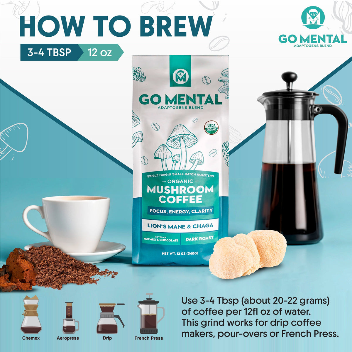 Lion's Mane & Chaga Mushroom Coffee, Dark Roast — view 5
