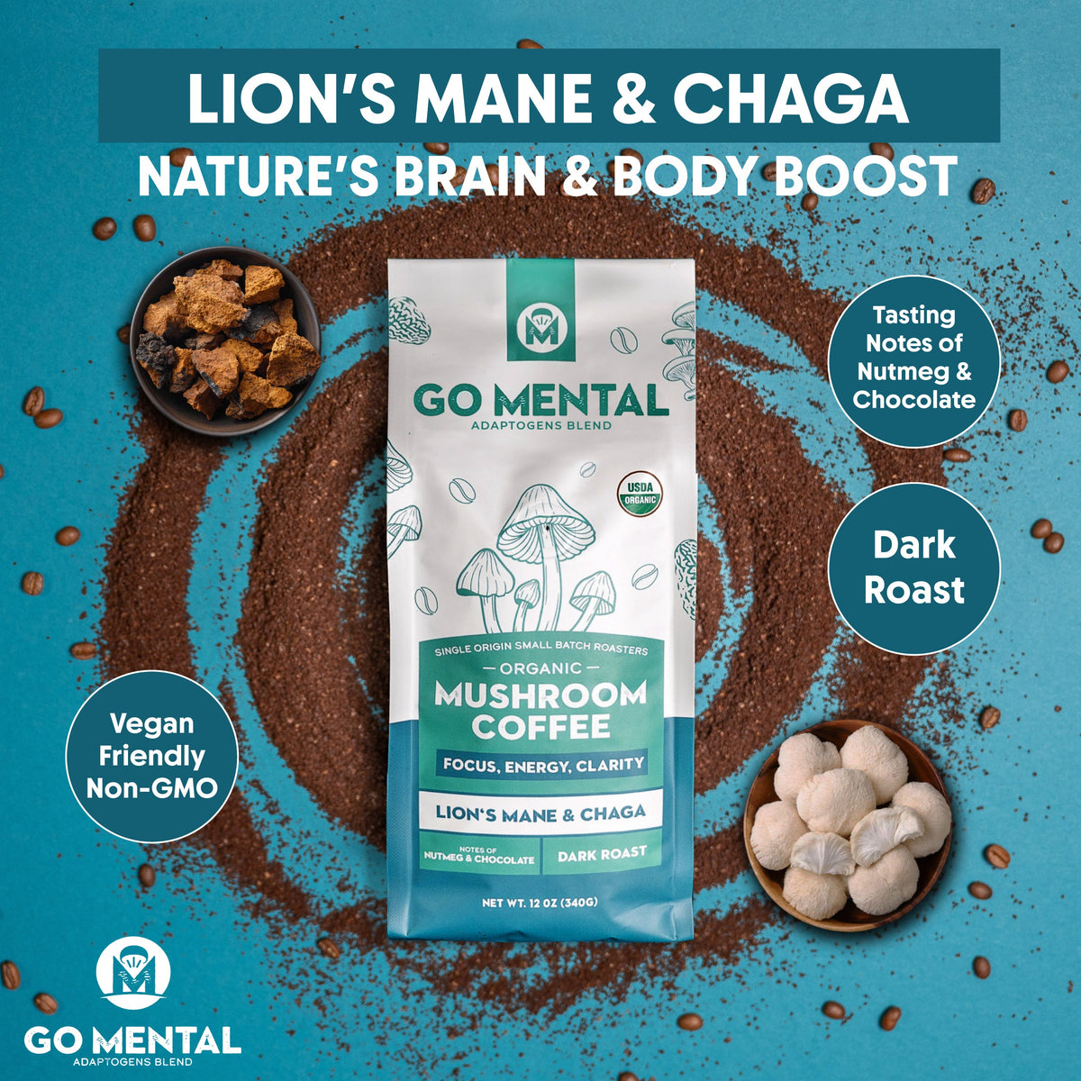 Lion's Mane & Chaga Mushroom Coffee, Dark Roast — view 4